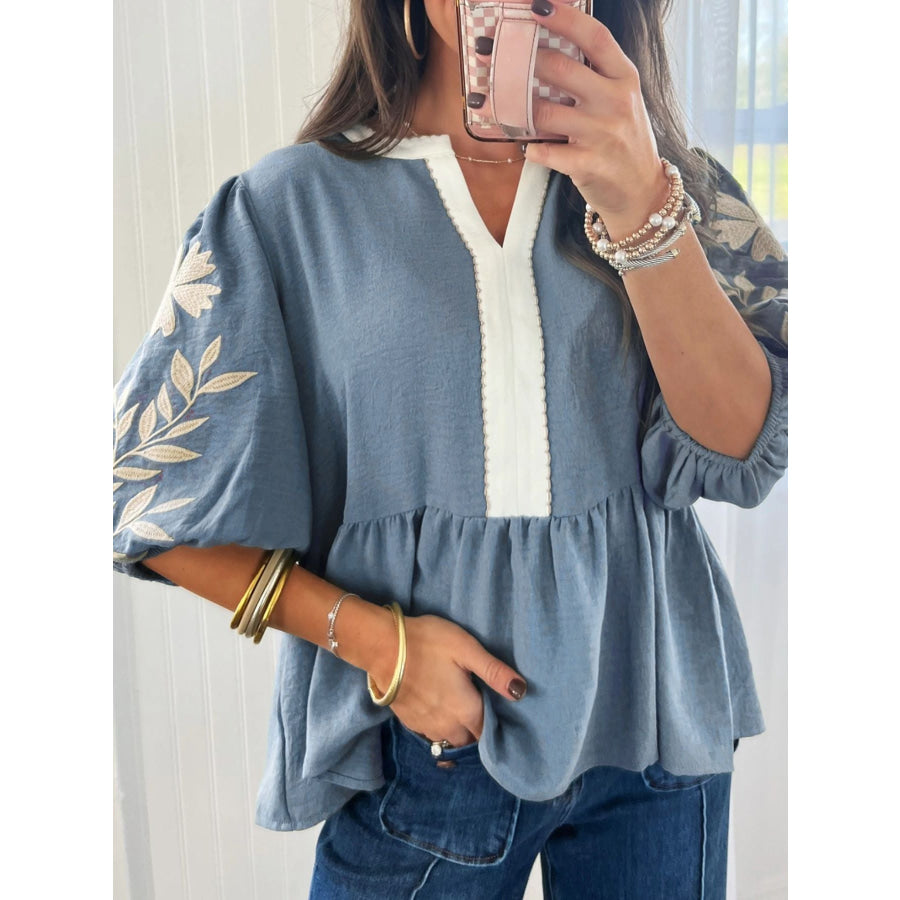 Embroidered Sleeve Peplum Blouse Dusty Blue / S Apparel and Accessories