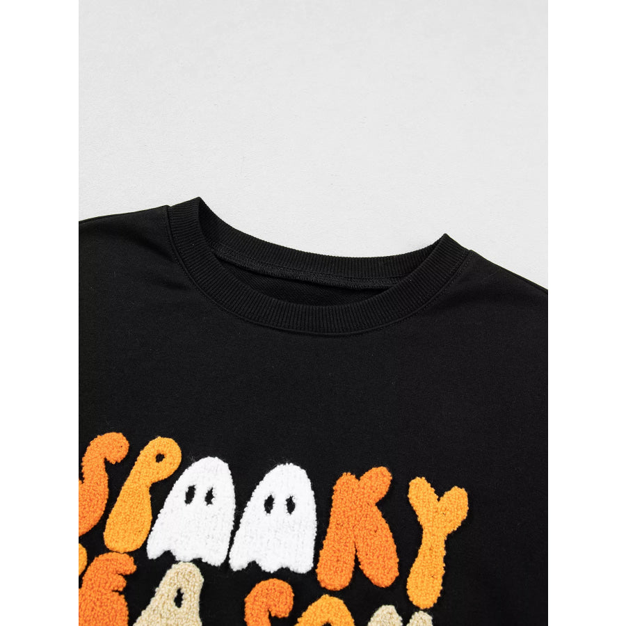 Embroidered Spooky Season Long Sleeve Round Neck Sweatshirt Apparel and Accessories