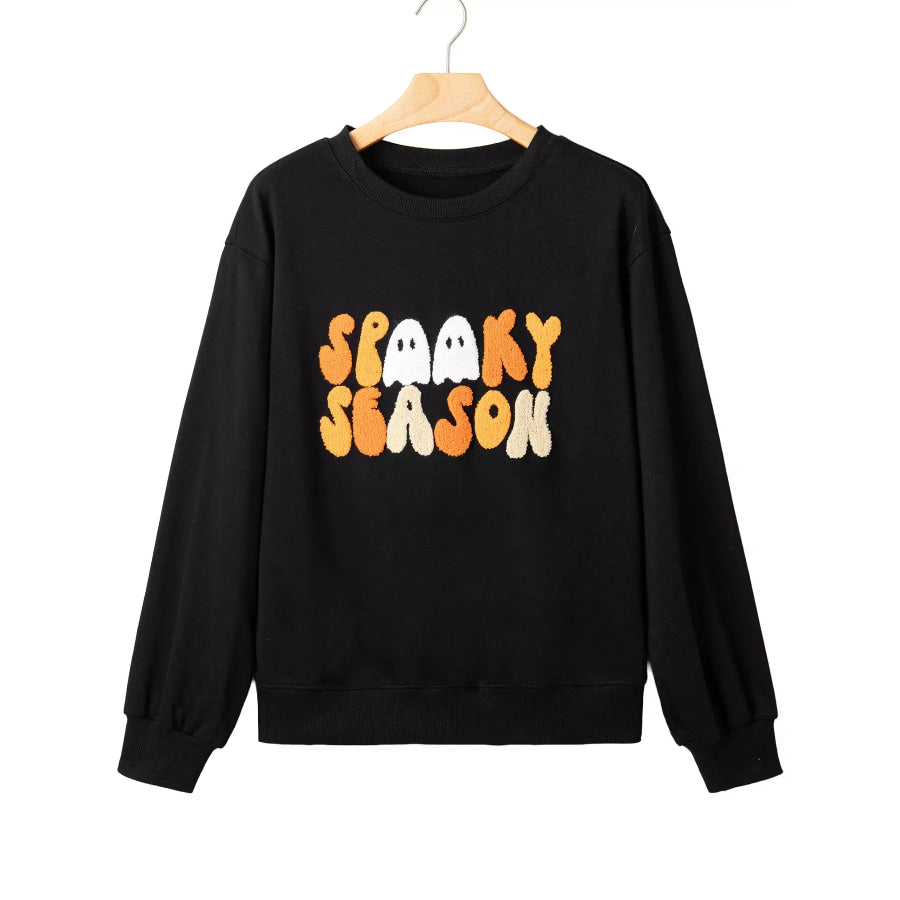 Embroidered Spooky Season Long Sleeve Round Neck Sweatshirt Apparel and Accessories