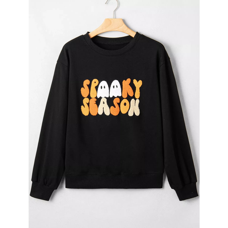 Embroidered Spooky Season Long Sleeve Round Neck Sweatshirt Apparel and Accessories