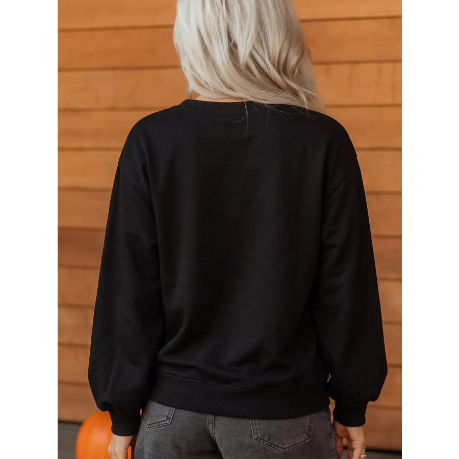 Embroidered Spooky Season Long Sleeve Round Neck Sweatshirt Apparel and Accessories