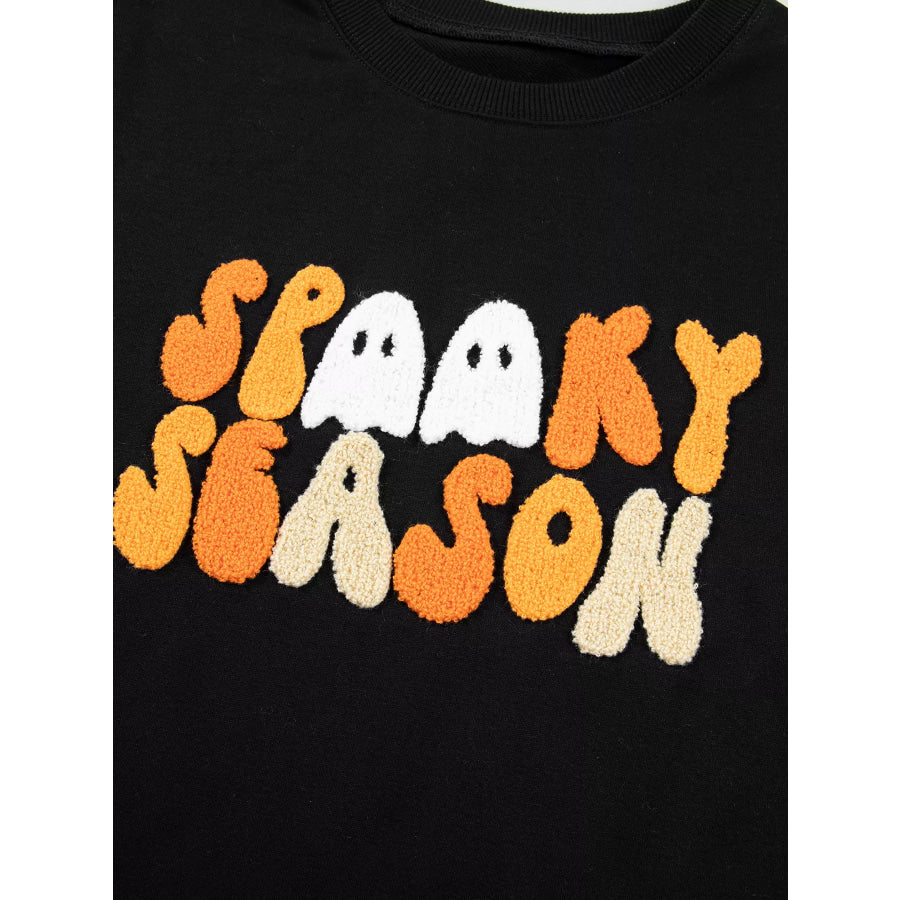 Embroidered Spooky Season Long Sleeve Round Neck Sweatshirt Apparel and Accessories