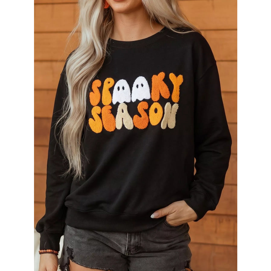 Embroidered Spooky Season Long Sleeve Round Neck Sweatshirt Black / S Apparel and Accessories