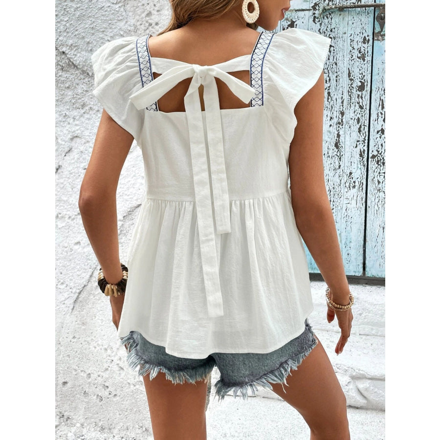 Embroidered Square Neck Cap Sleeve Blouse Apparel and Accessories