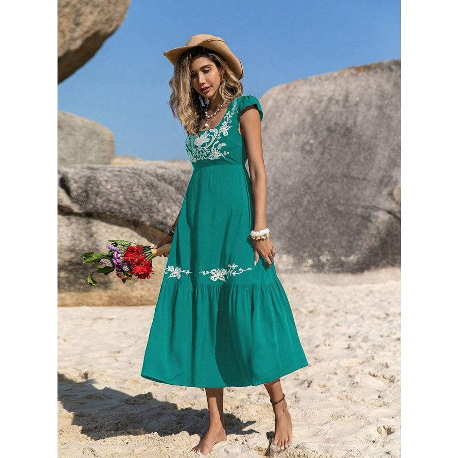 Embroidered Square Neck Cap Sleeve Dress Apparel and Accessories