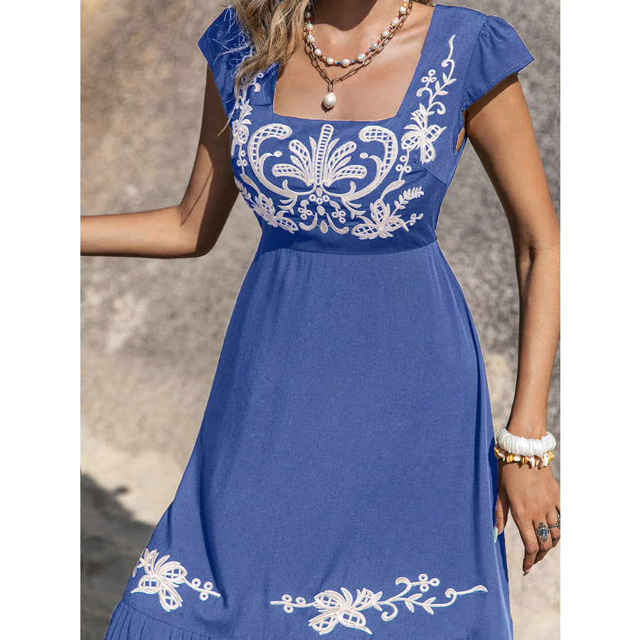 Embroidered Square Neck Cap Sleeve Dress Apparel and Accessories