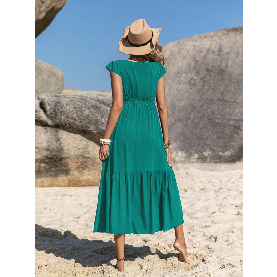 Embroidered Square Neck Cap Sleeve Dress Turquoise / S Apparel and Accessories