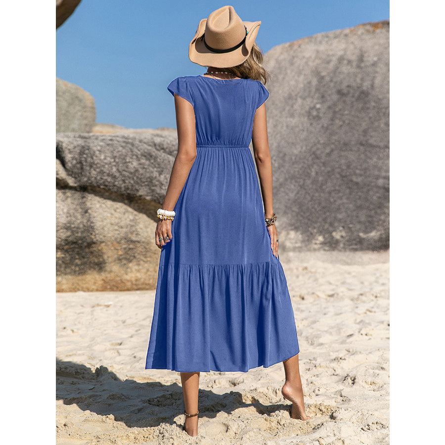 Embroidered Square Neck Cap Sleeve Dress Blue / S Apparel and Accessories