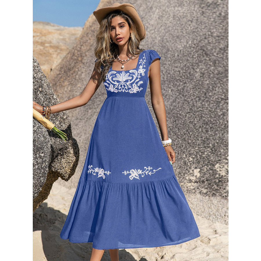 Embroidered Square Neck Cap Sleeve Dress Blue / S Apparel and Accessories