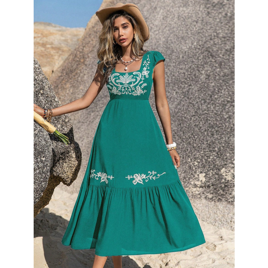 Embroidered Square Neck Cap Sleeve Dress Turquoise / S Apparel and Accessories