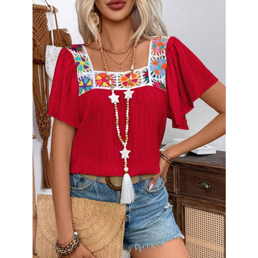 Embroidered Square Neck Flutter Sleeve Blouse Apparel and Accessories