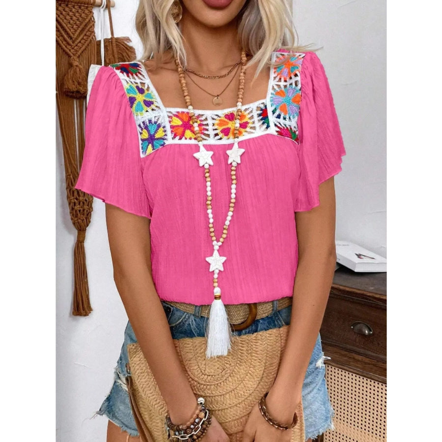 Embroidered Square Neck Flutter Sleeve Blouse Apparel and Accessories