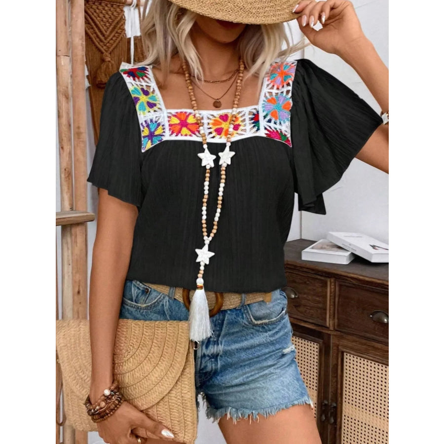 Embroidered Square Neck Flutter Sleeve Blouse Apparel and Accessories