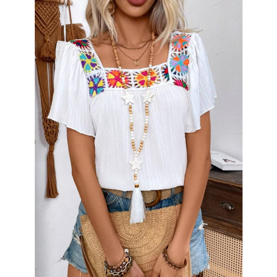 Embroidered Square Neck Flutter Sleeve Blouse Apparel and Accessories
