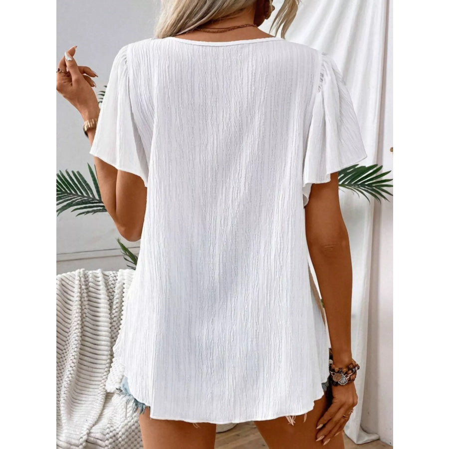 Embroidered Square Neck Flutter Sleeve Blouse Apparel and Accessories