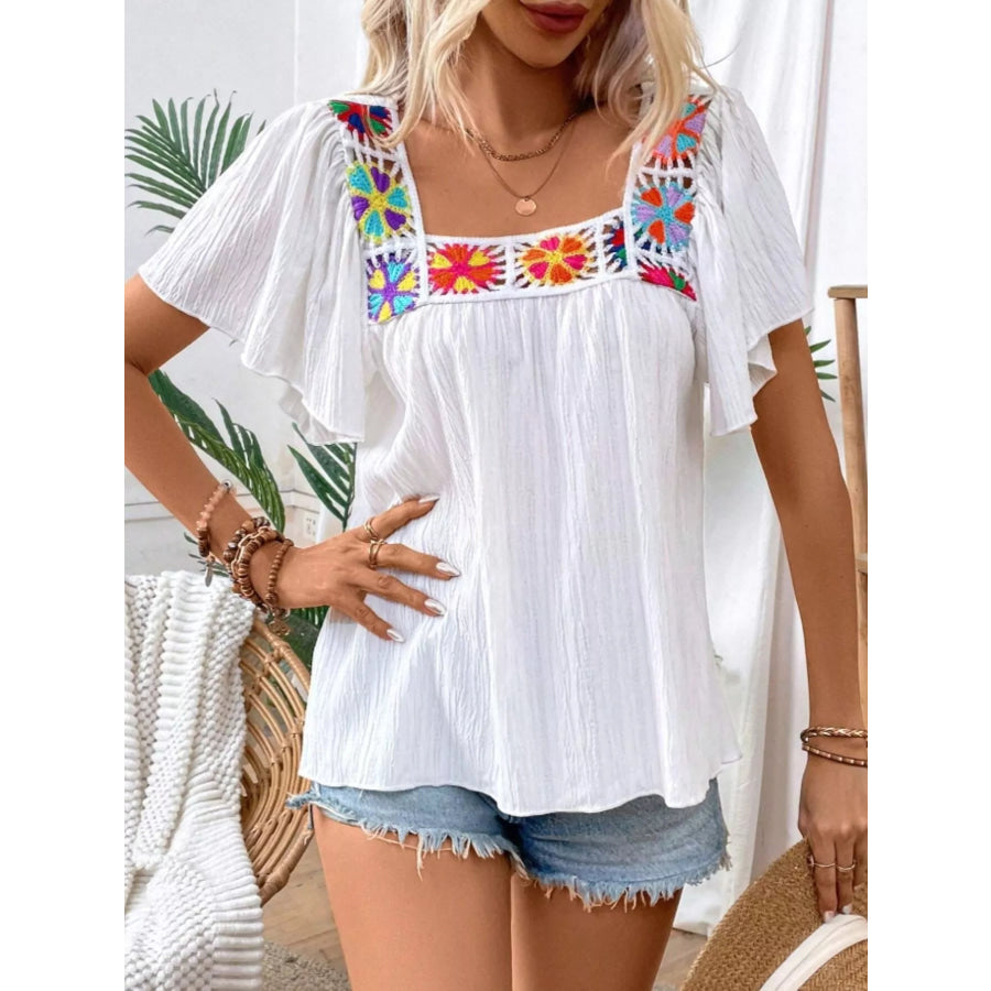 Embroidered Square Neck Flutter Sleeve Blouse Apparel and Accessories