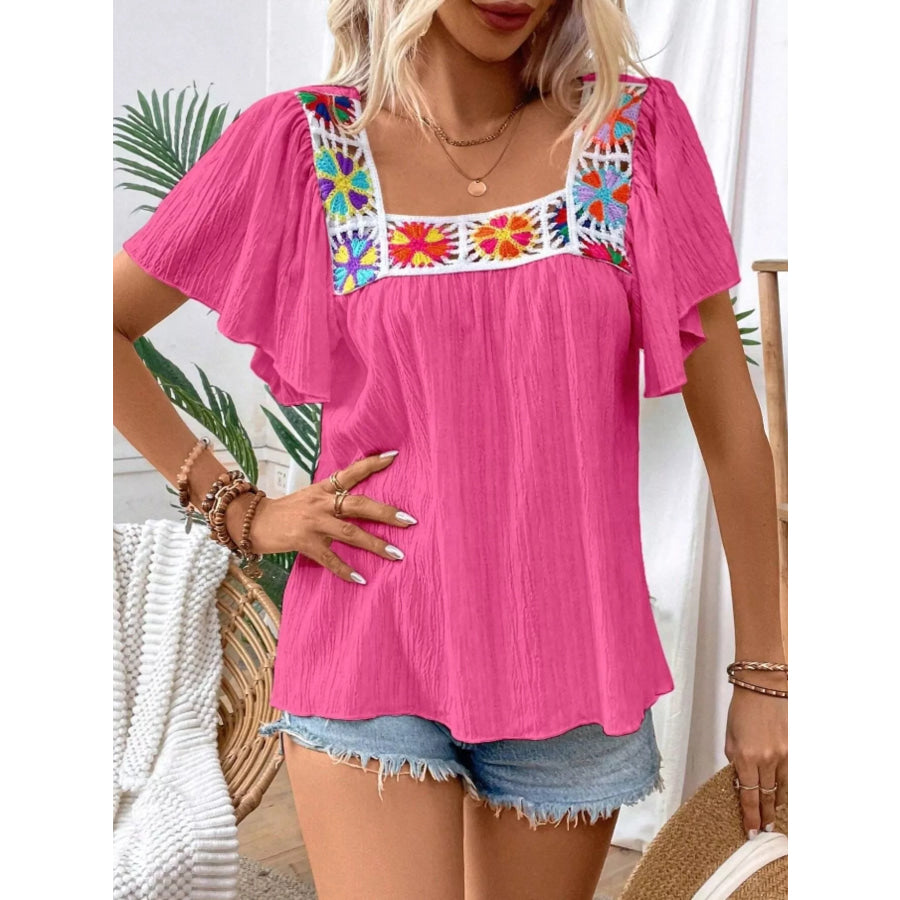 Embroidered Square Neck Flutter Sleeve Blouse Apparel and Accessories