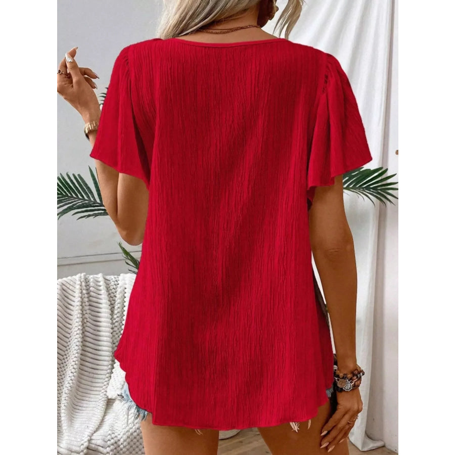 Embroidered Square Neck Flutter Sleeve Blouse Apparel and Accessories