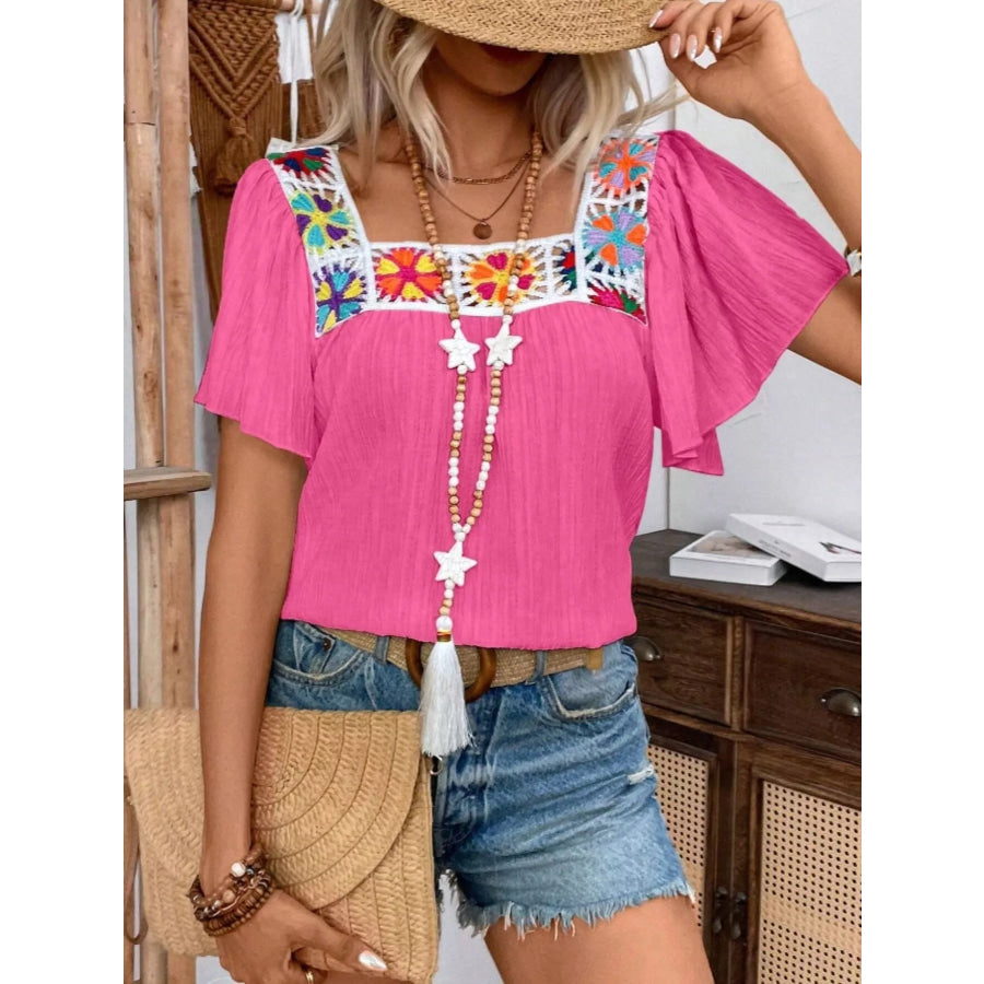Embroidered Square Neck Flutter Sleeve Blouse Apparel and Accessories
