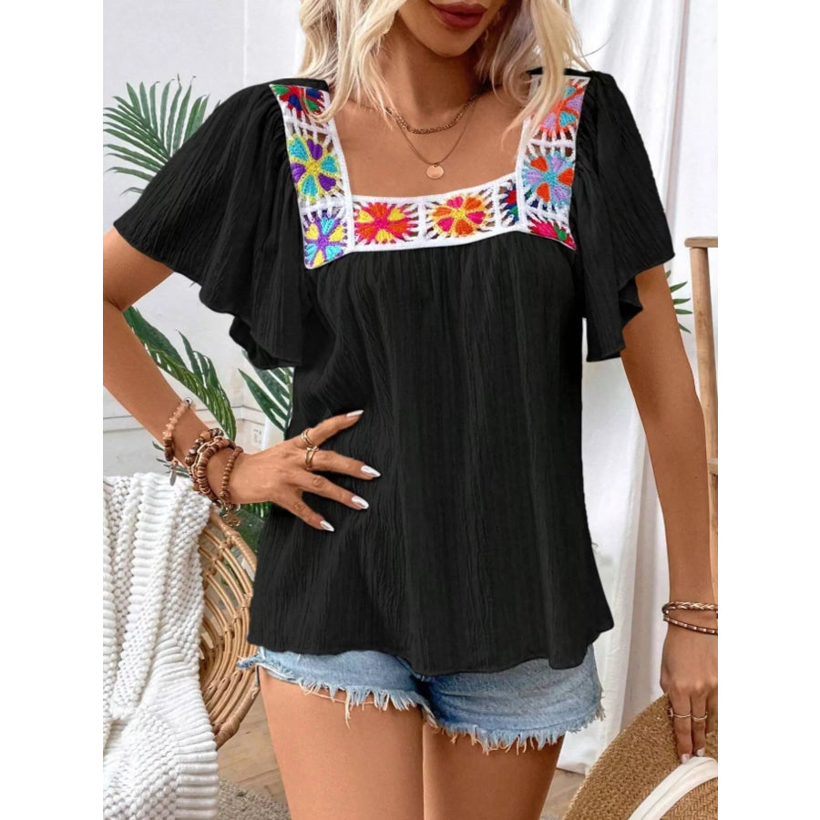 Embroidered Square Neck Flutter Sleeve Blouse Apparel and Accessories