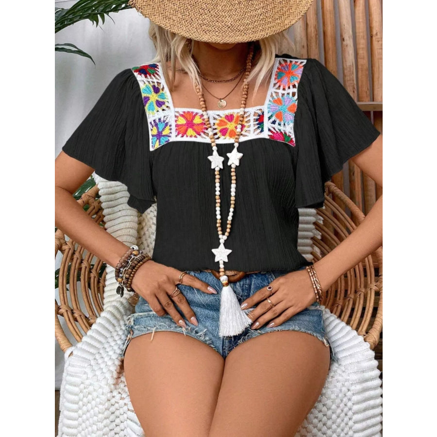 Embroidered Square Neck Flutter Sleeve Blouse Apparel and Accessories