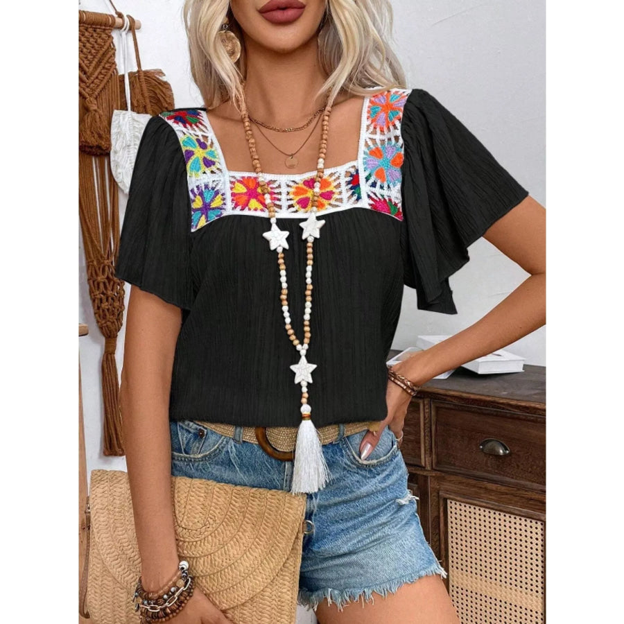 Embroidered Square Neck Flutter Sleeve Blouse Apparel and Accessories