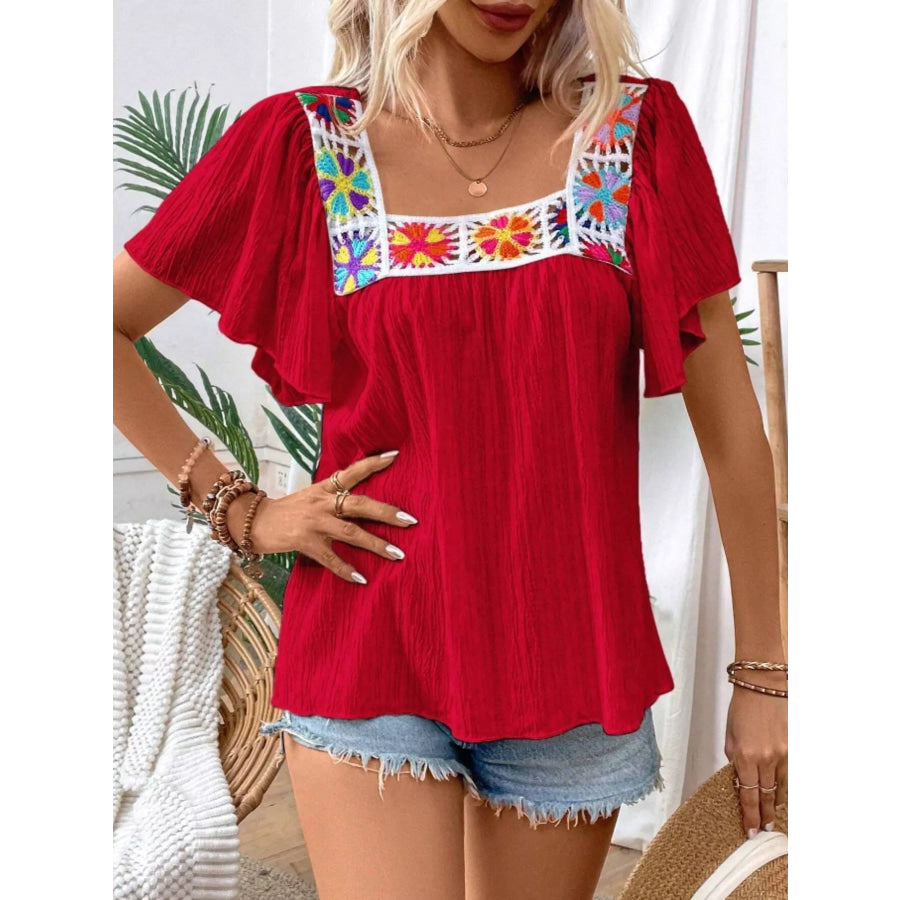 Embroidered Square Neck Flutter Sleeve Blouse Red / S Apparel and Accessories