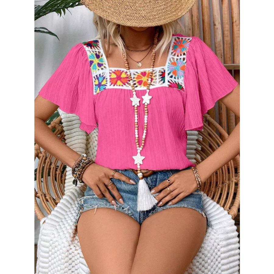 Embroidered Square Neck Flutter Sleeve Blouse Rose Red / S Apparel and Accessories