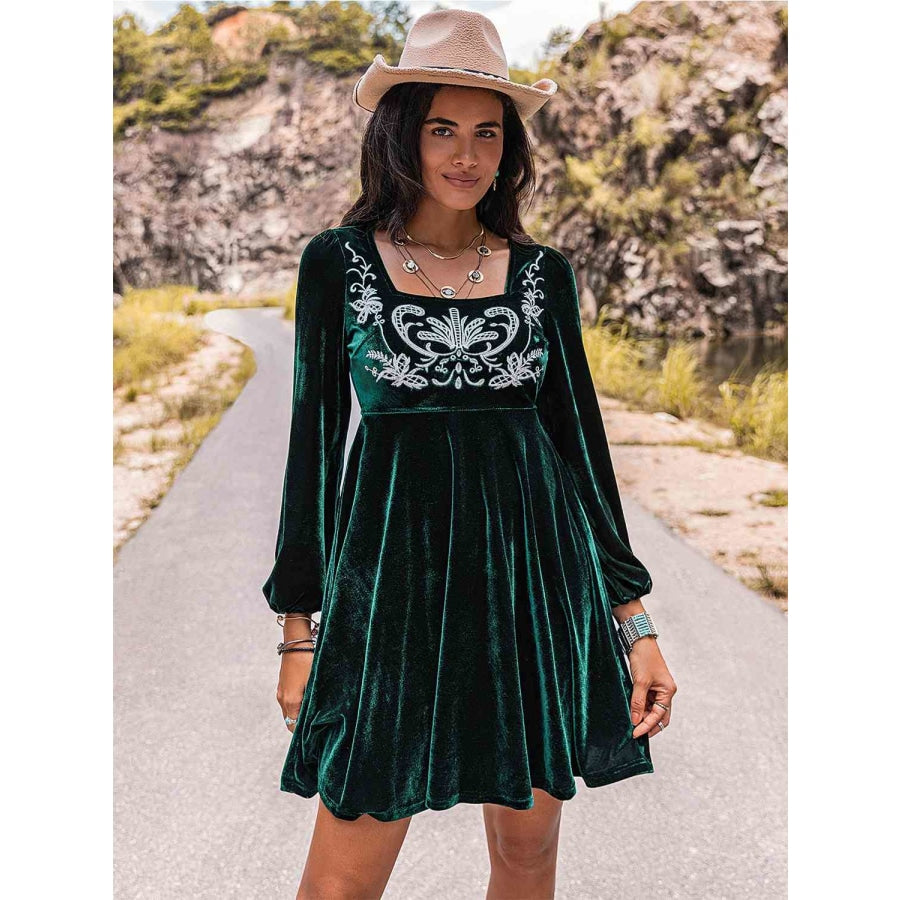 Embroidered Square Neck Long Sleeve Dress Black Forest / S