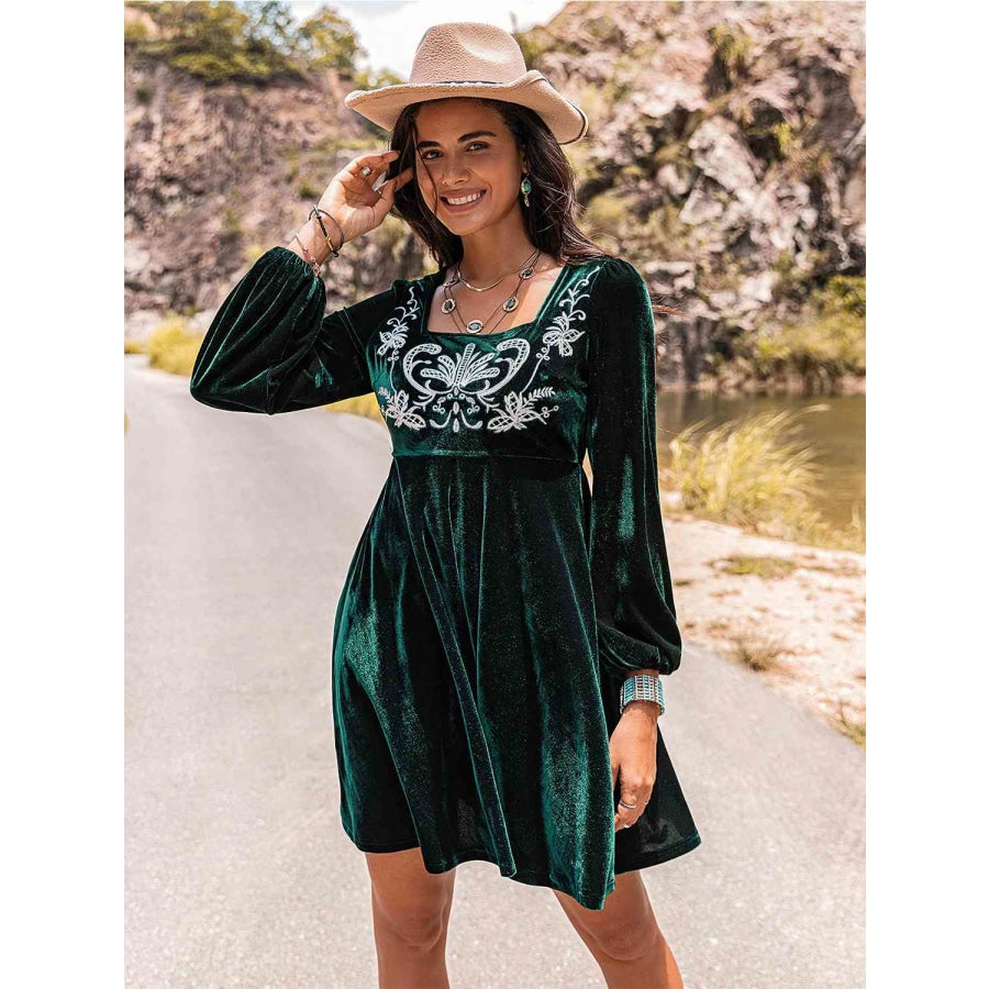 Embroidered Square Neck Long Sleeve Dress