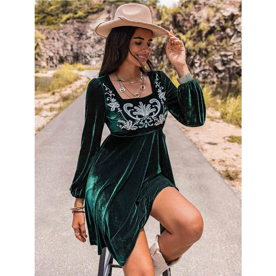 Embroidered Square Neck Long Sleeve Dress