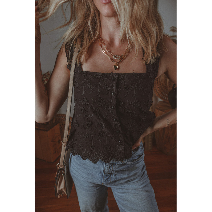 Embroidered Square Neck Wide Strap Tank Apparel and Accessories