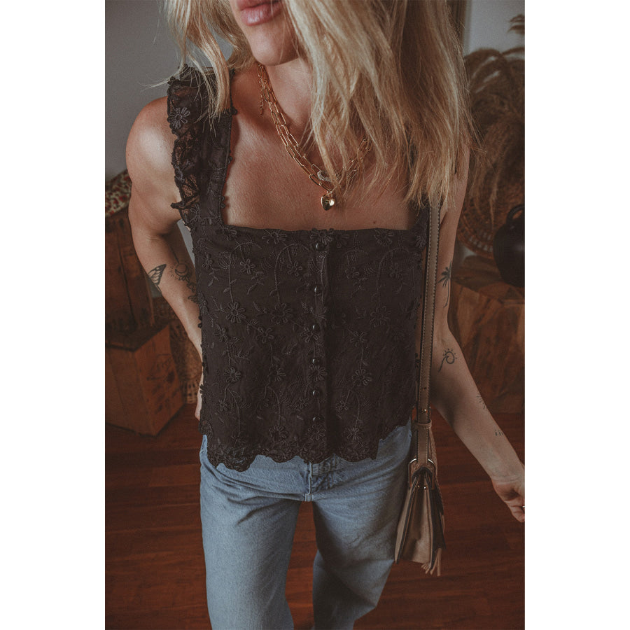 Embroidered Square Neck Wide Strap Tank Black / S Apparel and Accessories