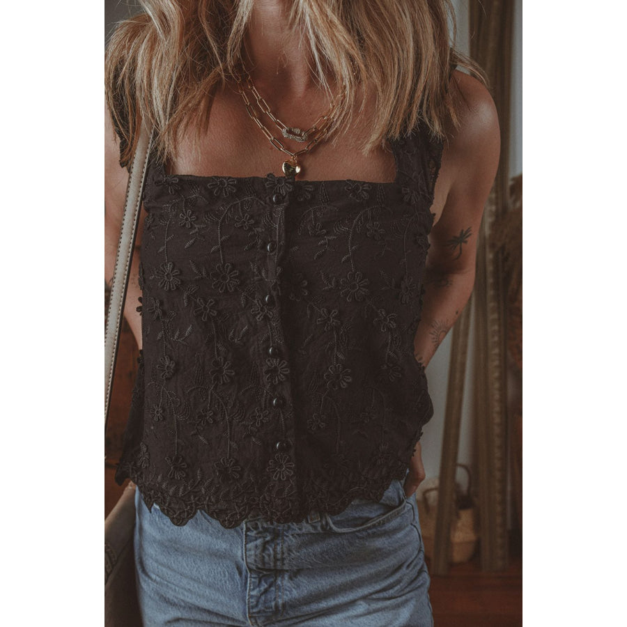 Embroidered Square Neck Wide Strap Tank Black / S Apparel and Accessories