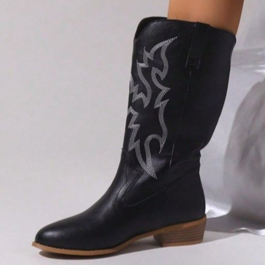 Embroidered Stitch Block Heel Cowboy Boots Apparel and Accessories