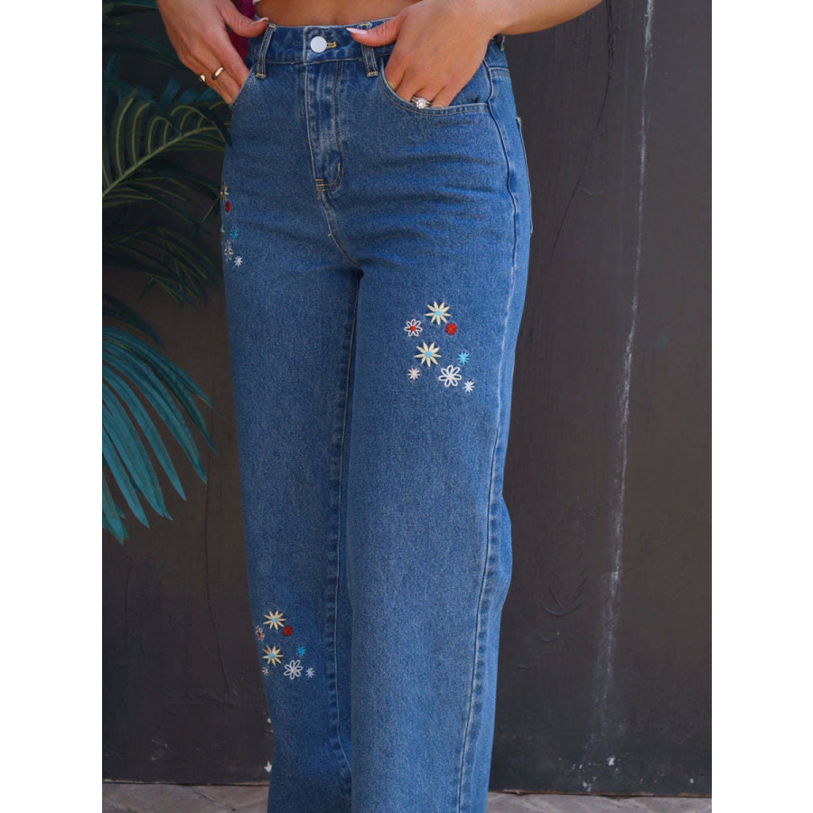 Embroidered Straight Jeans with Pockets Apparel and Accessories