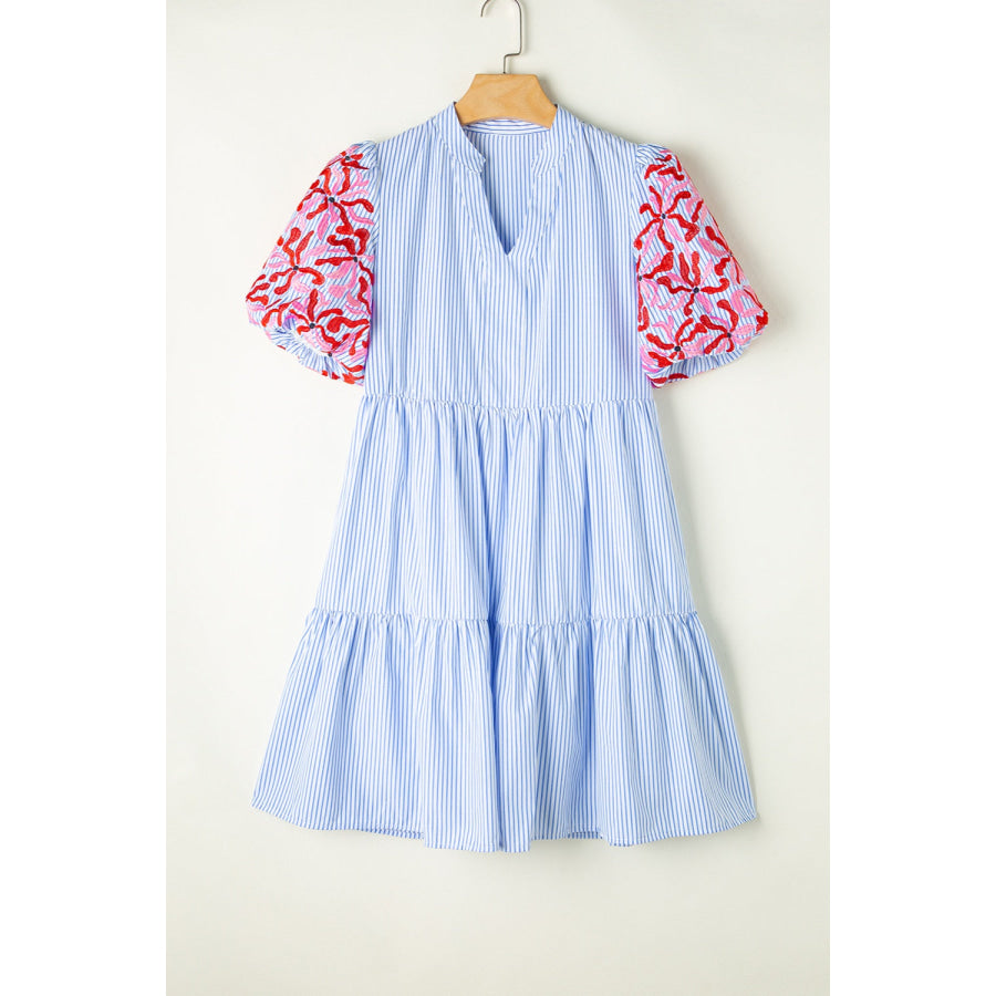 Embroidered Striped Notched Short Sleeve Dress Apparel and Accessories