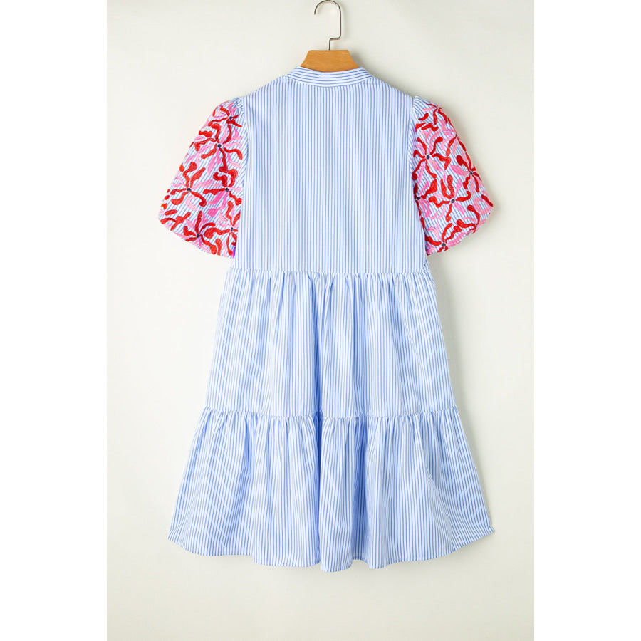 Embroidered Striped Notched Short Sleeve Dress Apparel and Accessories