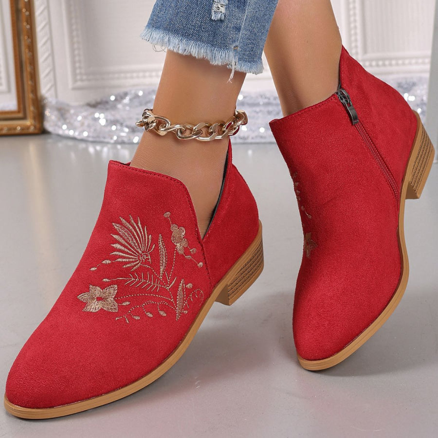 Embroidered Suede Point Toe Block Heel Boots Apparel and Accessories