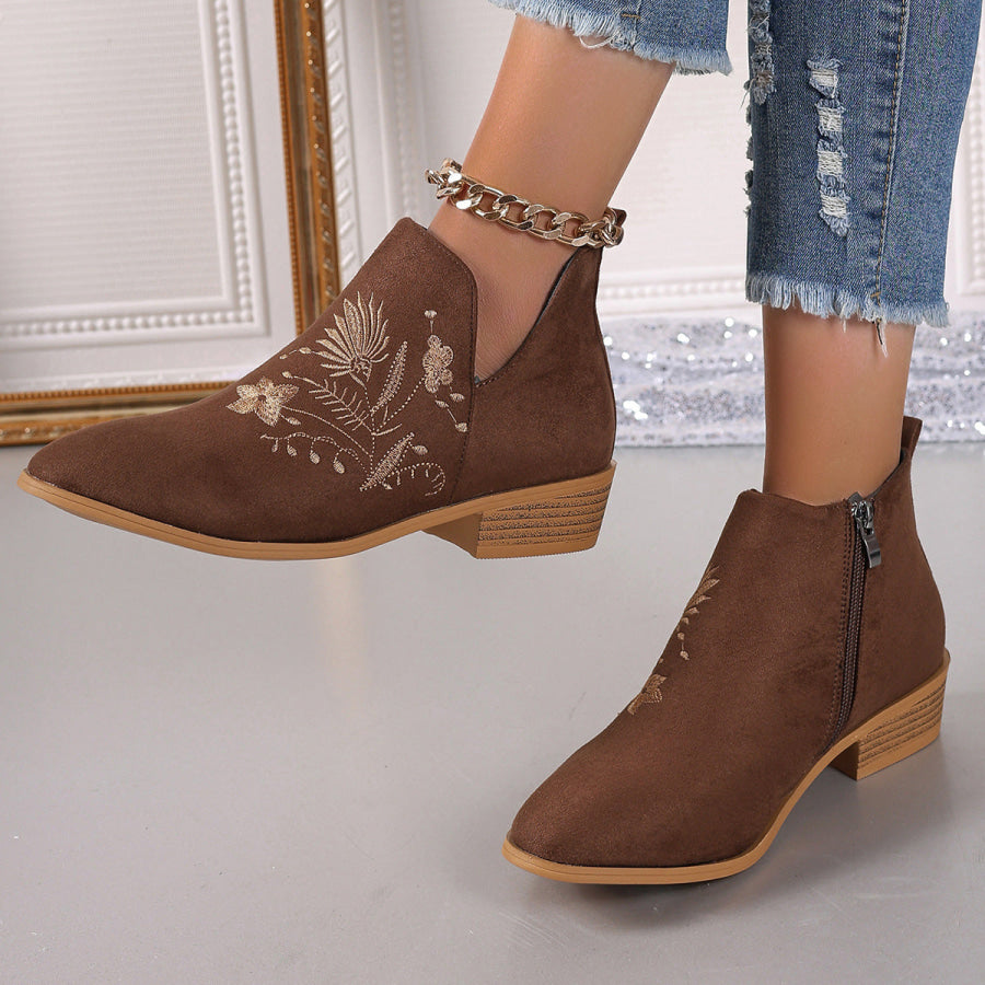 Embroidered Suede Point Toe Block Heel Boots Apparel and Accessories