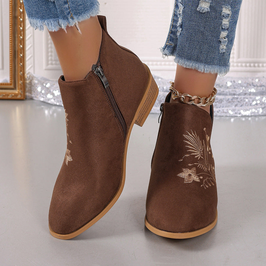 Embroidered Suede Point Toe Block Heel Boots Apparel and Accessories