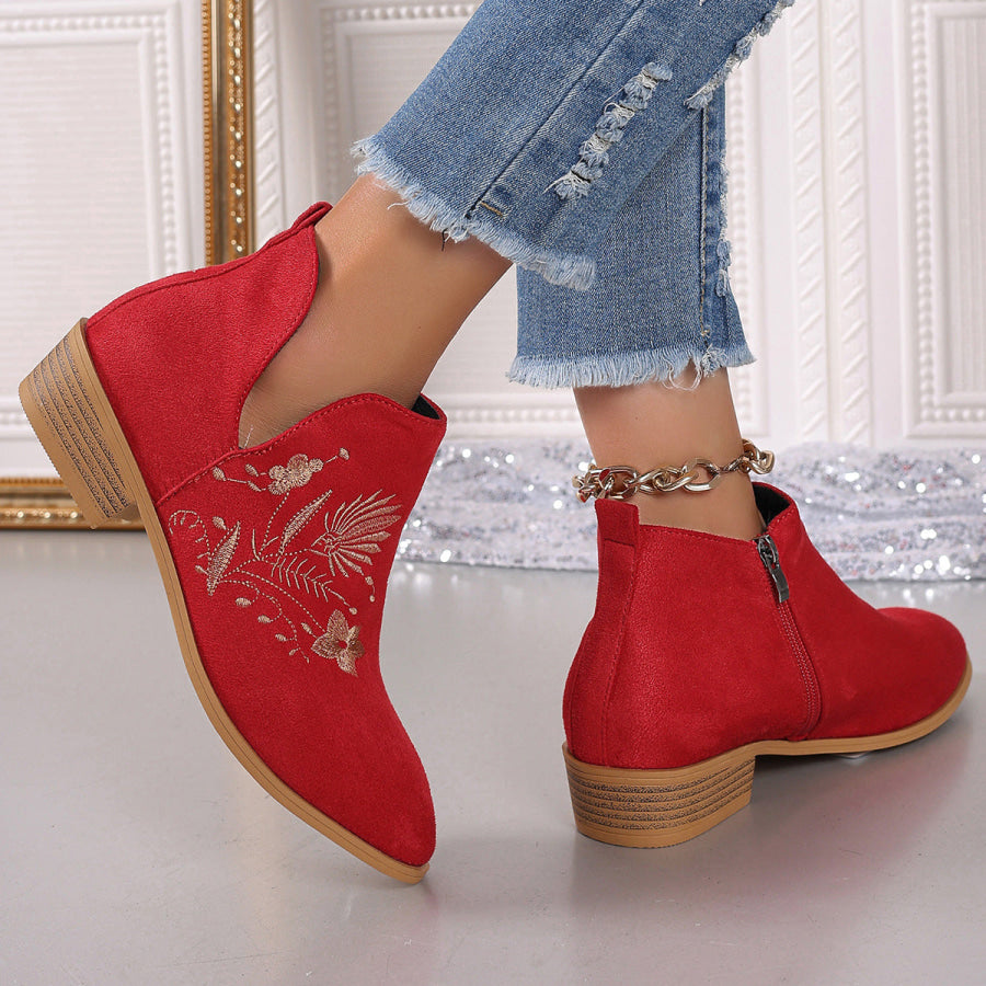 Embroidered Suede Point Toe Block Heel Boots Apparel and Accessories