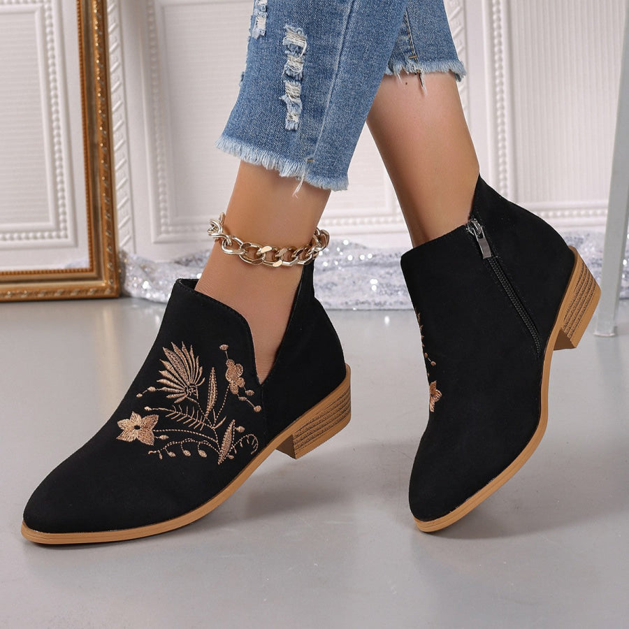 Embroidered Suede Point Toe Block Heel Boots Black / 36(US5) Apparel and Accessories