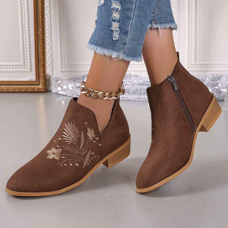 Embroidered Suede Point Toe Block Heel Boots Brown / 36(US5) Apparel and Accessories