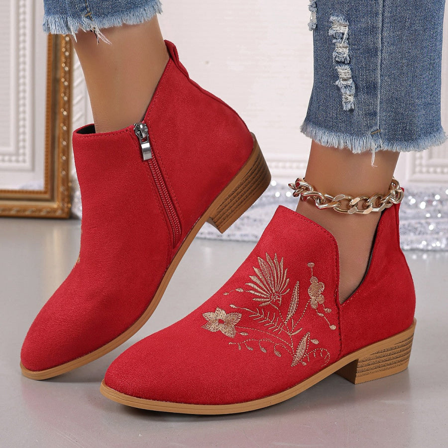 Embroidered Suede Point Toe Block Heel Boots Red / 36(US5) Apparel and Accessories