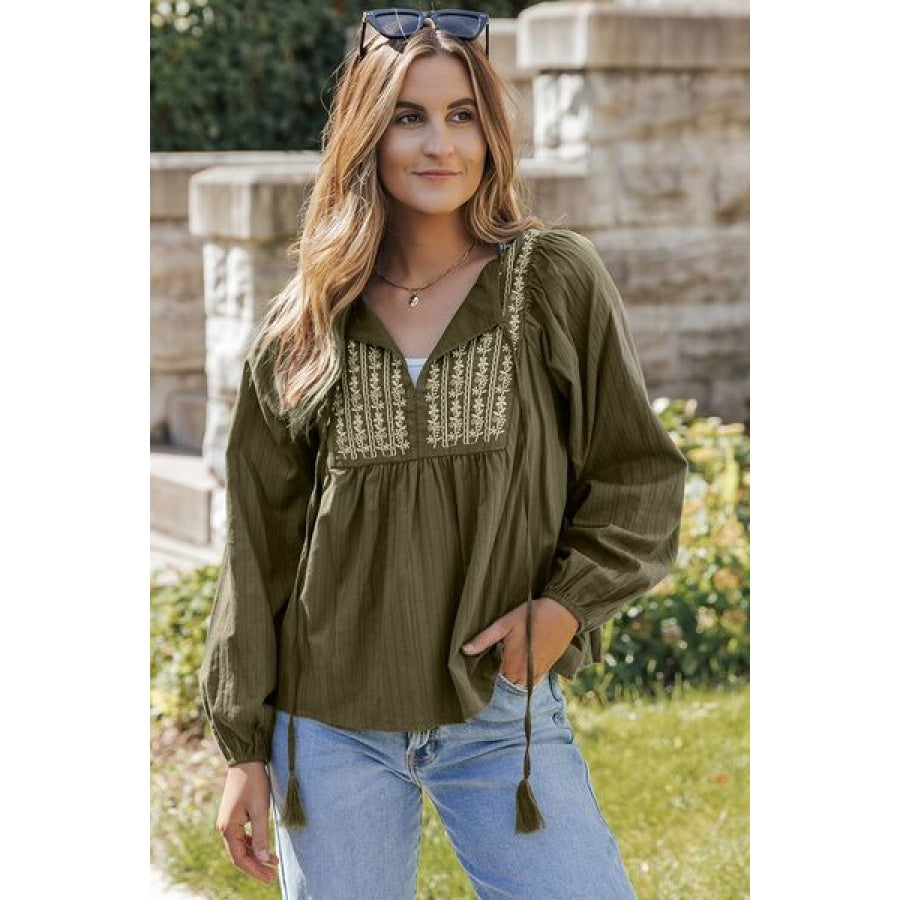 Embroidered Tassel Tie Neck Balloon Sleeve Blouse Army Green / S Clothing