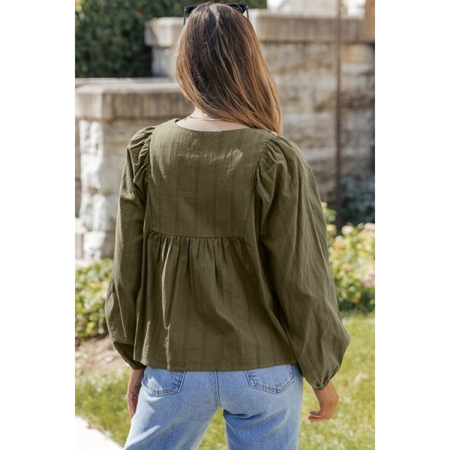 Embroidered Tassel Tie Neck Balloon Sleeve Blouse Army Green / S Clothing