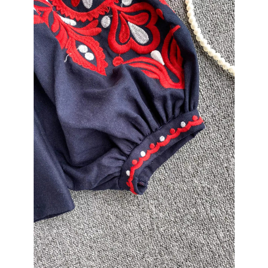 Embroidered Tassel Tie Neck Blouse Apparel and Accessories