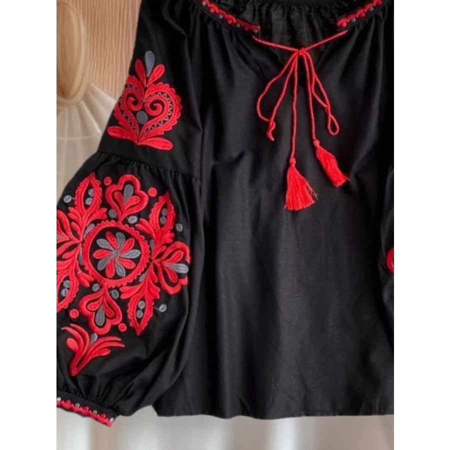 Embroidered Tassel Tie Neck Blouse Apparel and Accessories