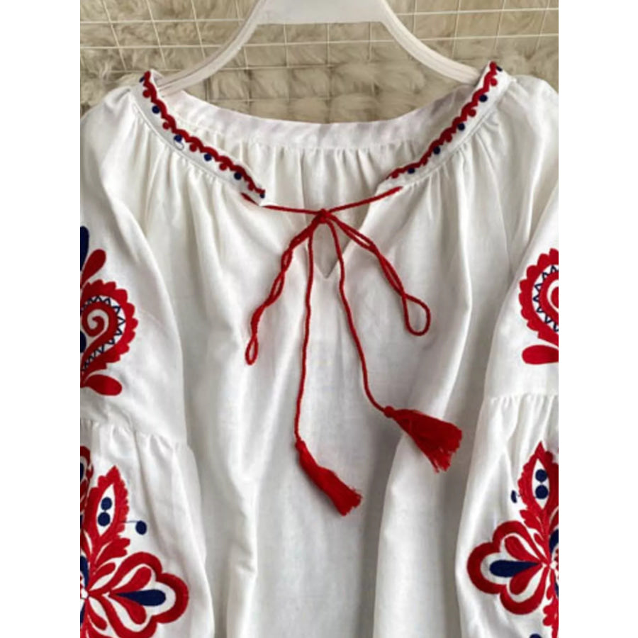 Embroidered Tassel Tie Neck Blouse Apparel and Accessories
